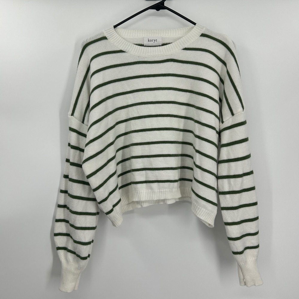 Korye Womens White Green Striped Relaxed Knit Pullover Sweater Size S/M‎